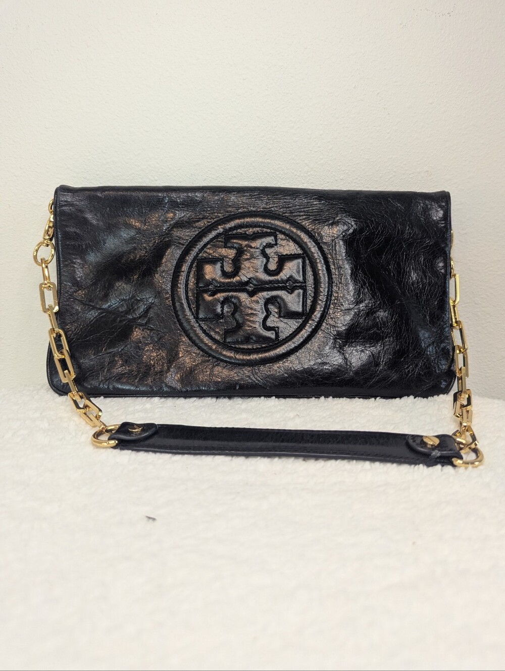 Tory Burch Bombe Reva Jaden Clutch Black Leather Gold Chain Wristlet NWT